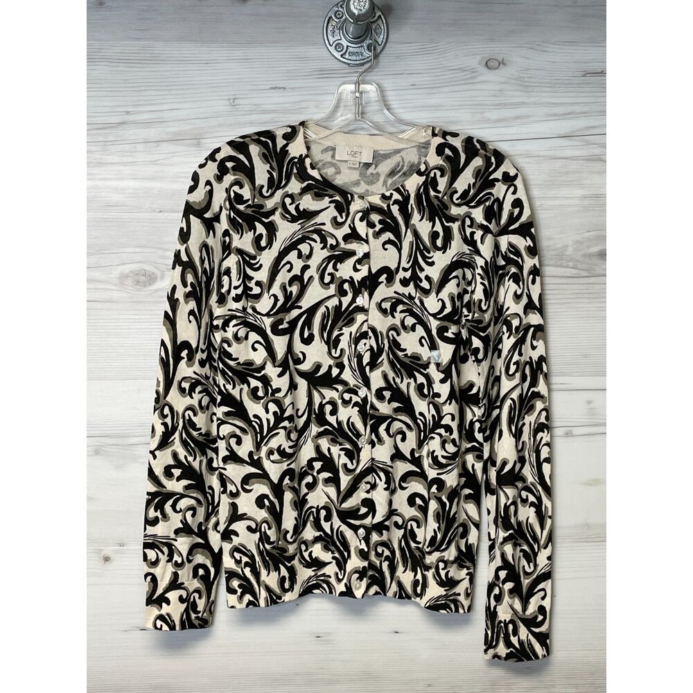 LOFT Outlet Cardigan Sweater Beige Black Floral Long Sleeve Cotton S‎ 794465